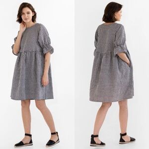 Magic Linen Voluminous Linen Ruffle Sleeve Babydoll Dress Black White Gingham